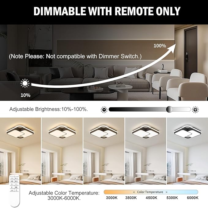 Modern LED Ceiling Light Fixture, 15.7in Dimmable Black Square Flush Mount Ceiling Lights with Remote, Bedroom Ceiling Lamp LED Chandelier for Living Room Kitchen Hallway Laundry, 60W