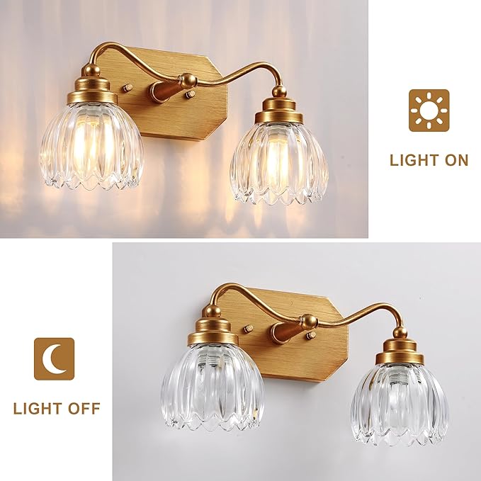 Vintage Bathroom Light Fixtures, 2 Light Gold Bathroom Vanity Light, Matte Antique Brass Finish with Crystal Glass Shade, Wall Sconces Lighting for Bedroom, Living Room, Hallway