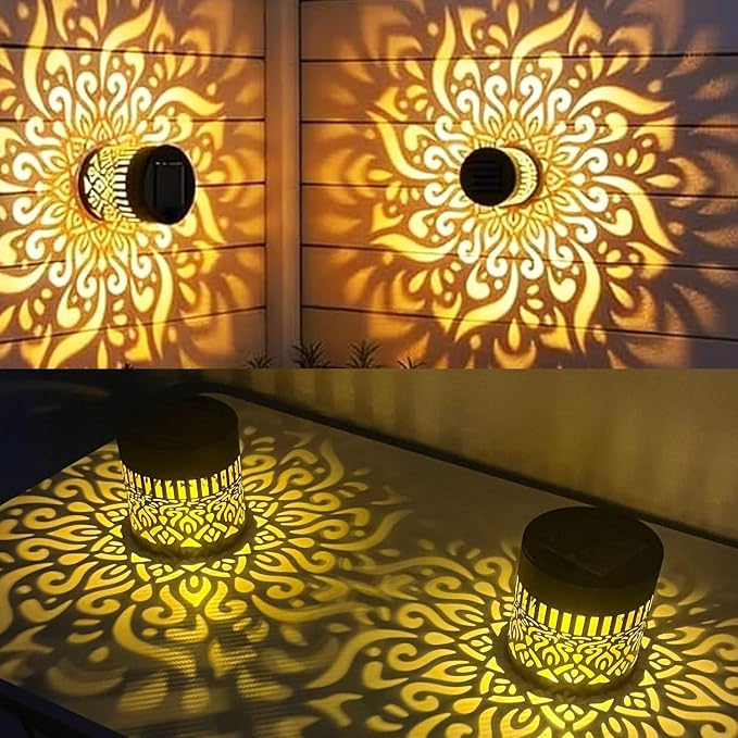 2 Pack Solar Fence Mandala Lights, Solar Wall Lights Projector, Decorative Solar Lights Outdoor, Waterproof Solar Mandala Deck Step Lights for Garden Patio Post Backyard Yard (Mandala-2 Pack, Warm)