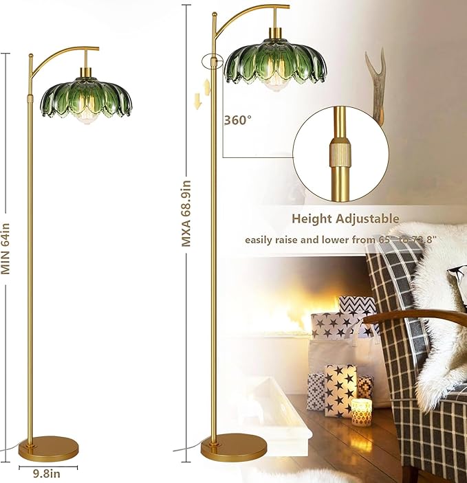 QIYIZM Gold Floor Lamp for Living Room,Bedroom,Mid Century Modern Standing Lamp with Remote,Dimmable Brass Tall Lamp Green Glass Lamp Vintage Retro Arc Floor Lamps Flower Floor Light Boho Bohemian