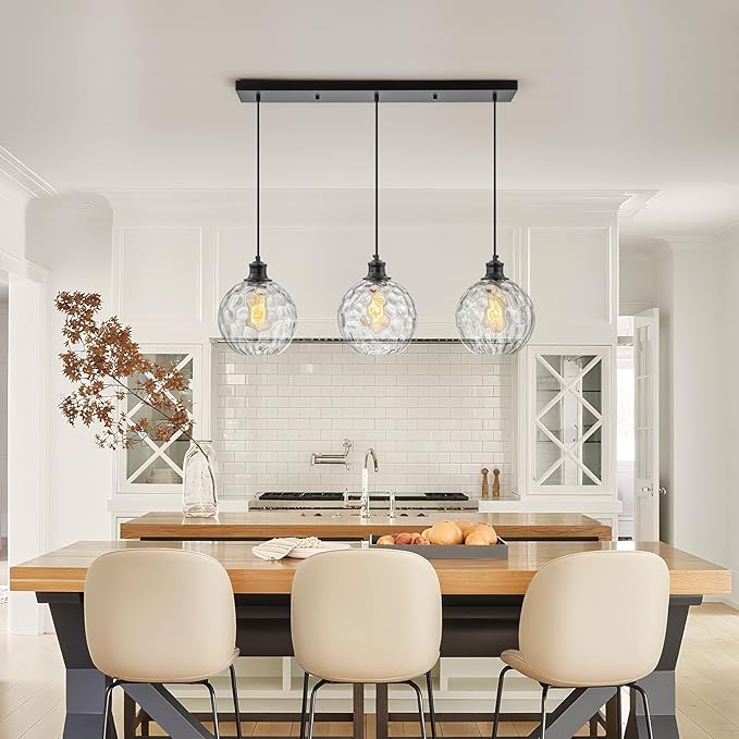 3-Light Black Island Lights for Kitchen, 31.5" Globe Pendant Light with Clear Hammered Glass Shade, Farmhouse Adjustable Hanging Light Fixtures for Dining Room Kitchen Island