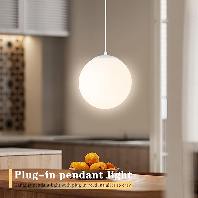 KoKo&Yukina 10" Globe Pendant Light White Plug in Pendant Light Adjustable Hanging Lights with Plug in Cord Matte White Finished with Milk Glass Lampshade for Bedroom Kitchen Island (Bulb Included)