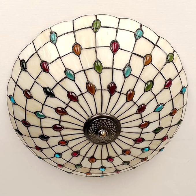 Tiffany Flush Mounts Ceiling Lights,Peacock Blue Crystal Beads Stained Glass Lampshade Ceiling Lamp for Kitchen Dining Room Livingroom Bedroom Ceiling Chandeliers Pendant Light,Multicolor,21in