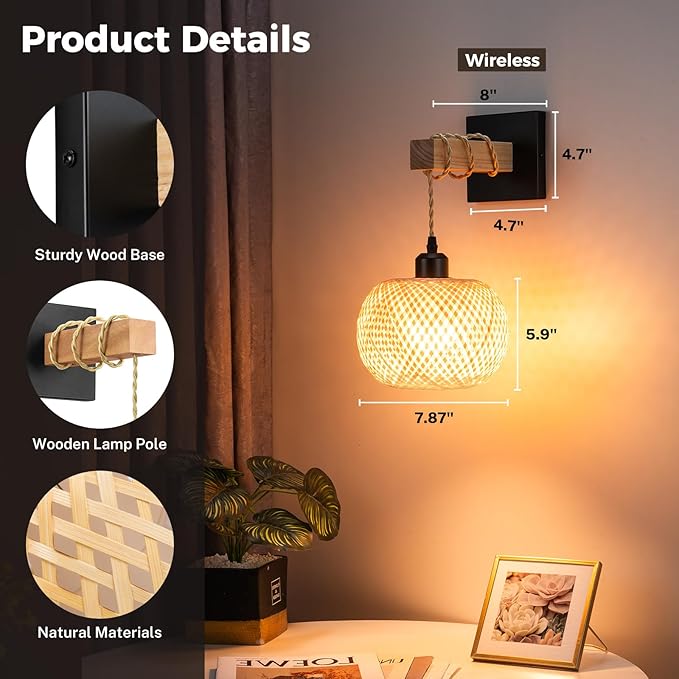 Battery Operated Wall Sconce with Remote Set of 2, Rechargeable Rattan Wall Sconces with 8000mAh Bulbs, Woven Bamboo Wall Light/Lamp Boho Wall Sconce for Bedroom (Black)