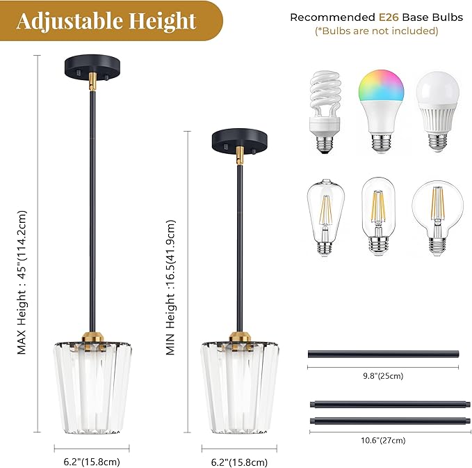 Crystal Pendant Lights Kitchen Island 2 Pack, Modern Black Gold Pendant Light Fixtures Mini Adjustable Chandeliers for Kitchen Island Dinning Room Bedroom Hallway with E26 Base (Bulbs Not Included)