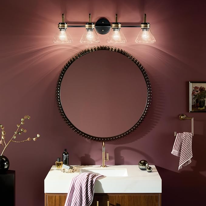 Kichler Farum 34" 4-Light Bathroom Vanity Light Fixture with Clear Glass in Black, Modern Wall Mount Over Mirror for Single or Double Vanity (34" W x 9.5" H), 55156BKCLR
