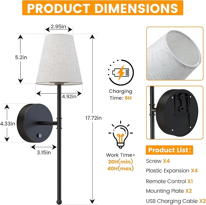LUTEC Battery Operated Wall Sconce Set of 2,Rechargeable Wall Sconce, 12 Colors Wireless Wall Sconces with 5200mAh RGB Dimmable and Remote,Rechargeable Sconces Decor for Bedroom/Living Room/Hallway