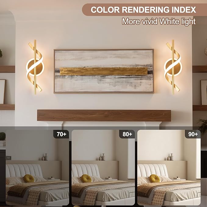 EIDISUNY LED Wall Sconces Indoor, 12W LED Wall Mount Lights, Modern Spiral Wall Lamp, 3000K Wall Light Fixture for Stairs, Living Room, Bedroom, Aisle, Hallway (Warm White, Gold)