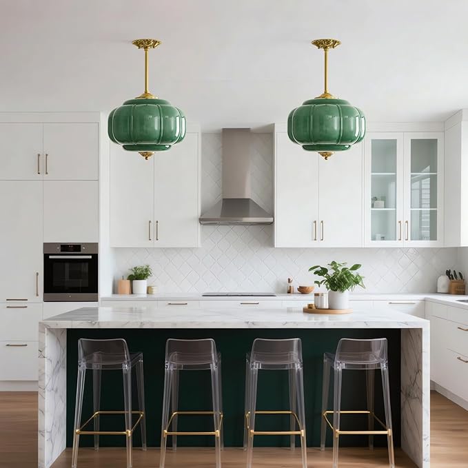 Milk Glass Pendant Light 15 Inch Semi Flush Mount Ceiling Light Fixture Adjustable Height Mid Century Brass Vintage Ceiling Light for Kitchen Hallway Dining Room Bedroom Schoolhouse(Green)