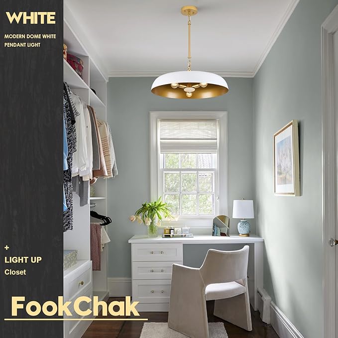 Large Pendant Light 20in White and Gold Dome Pendant Lights 3 Light Socket Pendant Light Fixture with Adjustable Pendant Lighting for Kitchen Island Dining Room Kitchen Sink, E12