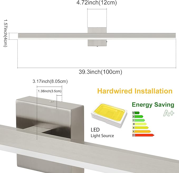 Nickel Bathroom Vanity Light 39.4 inch, 30W Dimmable 5CCT LED Bathroom Light Fixture Over Mirror Restroom-ETL Certificated