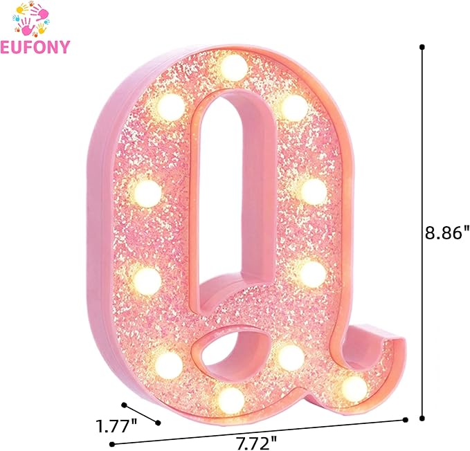 Pink Marquee Light Up Letters, Glitter Alphabet LED Letter Lights for Pink Birthday Party Decorations, Battery Operated Letter Sign for Girls Room Vanity Table Decor, Warm White Lights Letter Q