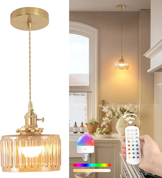 Shenmoyl Battery Operated Pendant Light 5000mAh Rechargeable Chandelier with Remote Control Wireless Adjustable Hanging Amber Striped Light for Kitchen Island Dining Room Hallway
