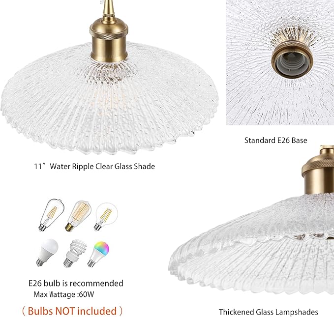 Modern Large Pendant Light 11 Inches Water Ripple Clear Glass Shades Brushed Brass Gold Hanging Lamp Farmhouse Adjustable Ceiling Hanging Lights Kitchen Island Dining Room Bedroom