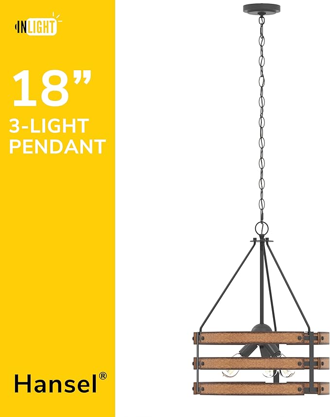 Inlight 18" Rustic and Industrial Design Farmhouse 3-Light Pendant for Kitchen Island, Textured Black and Faux Weathered Wood Finish, Metal Circular Hanging Chandelier for Foyer, IN-0335-3-WD
