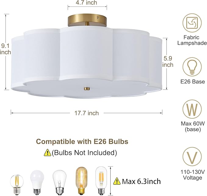 17.7" Semi Flush Mount Ceiling Light Fixture, 3-Light Modern Close to Ceiling Light with Fabric Flower-Shaped Shade, Light Fixtures Ceiling Mount for Bedroom Nursery(Gold)
