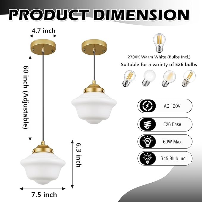 Gold Schoolhouse Light Fixture 8" Milk Glass Light Fixture Mid Century Pendant Light Milk Glass Pendant Light Schoolhouse Pendant Light for Bedroom Dining Room Kitchen (Bulb Incl.)