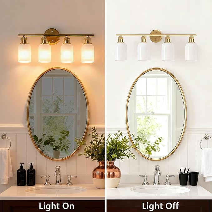 Vintage Gold 4-Light Vanity Light, Light Fixtures with White Glass Shade for Bathroom Mirror Kitchen Living Room Hallway Cabinet Porch
