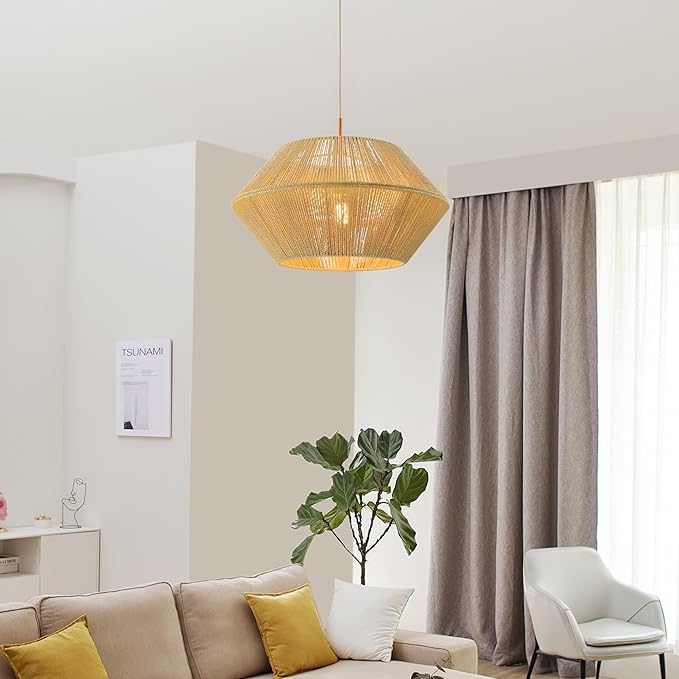 GLOBE Electric 67000154 1-Light Pendant Light, Wood Toned, Beige Paper Twine Shade, Adjustable Height, Ceiling Lights, Home Essentials, Kitchen, Bedroom, Indoor Lighting, Décor
