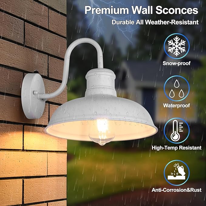 TOBUSA 2-Pack Dusk to Dawn Outdoor Wall Lights, Exterior Farmhouse Gooseneck Barn Light, White Vintage Outside Wall Mount Light Fixture, Waterproof Outdoor Light for House Porch Garage