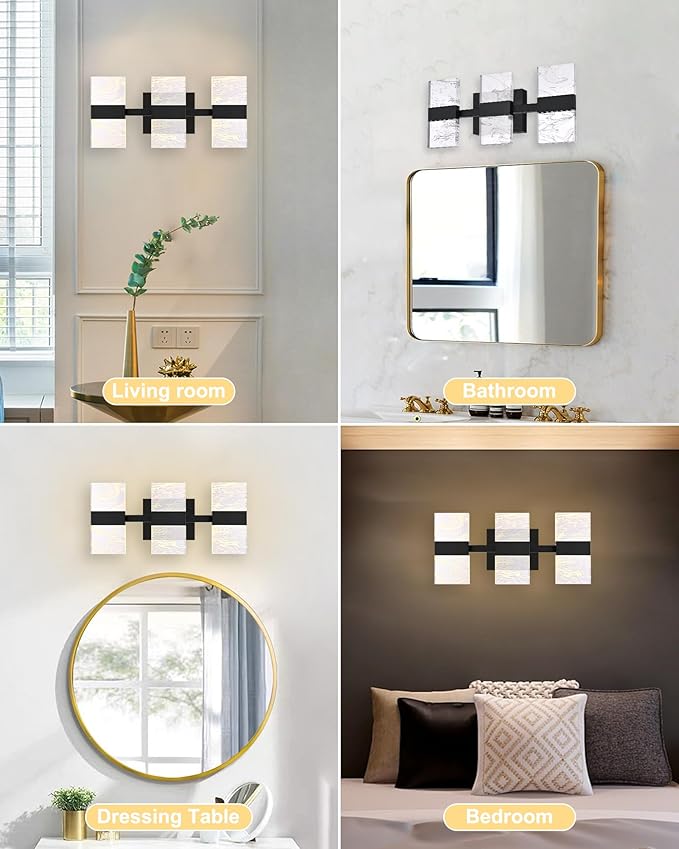 LED 3000K Black Bathroom Light Fixture, Modern 3-Lights Vanity Lighting with Smoke Acrylic Shades, Wall Lamp Over Mirror for Kitchen Bedroom (Integrated Led Chips Included)