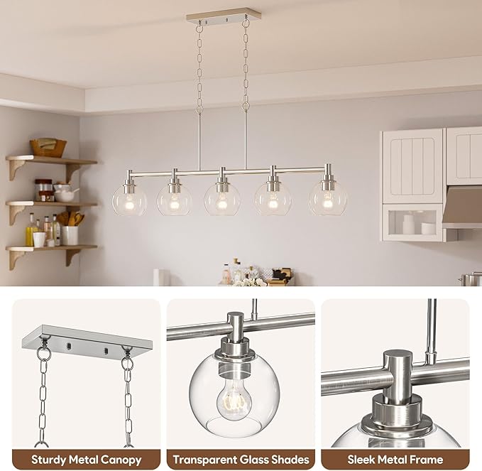 VONLUCE Dining Room Light Fixture Over Table, 5-Light Kitchen Island Lighting with Round Glass Shades & Adjustable Hanging Heights, Linear Chandlier for Dining Room Kitchen, Nickel, ETL Certificated
