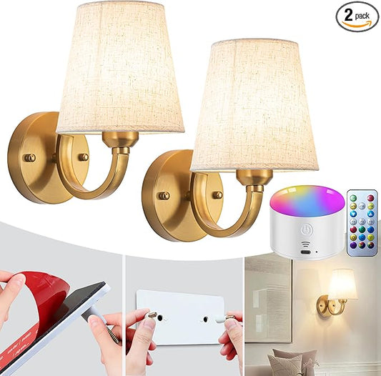 YHCDLAMP Peel and Stick Wall Sconces, No Drilling Stick On Wall Sconce, Wireless Battery Operated Wall Lights, Adhesive Wall Lamp with 10000mAh Battery Bulb for Bedroom Living Room Decor