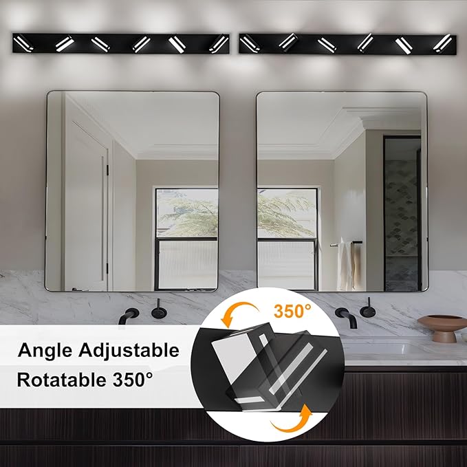 LED Modern Bathroom Light Fixtures, 6-Light 48-Inch Matte Black Vanity Lights for Bathroom Lighting Fixtures Over Mirror, 6000K Cool White 350° Rotatable Wall Lamp
