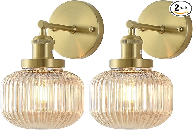 Vintage Wall Sconces with Amber Pumpkin Glass Lampshade, Indoor Bathroom Wall Sconce, Modern Gold Industrial Lighting Fixture for Mirror Living Room Hallway 2 Pack