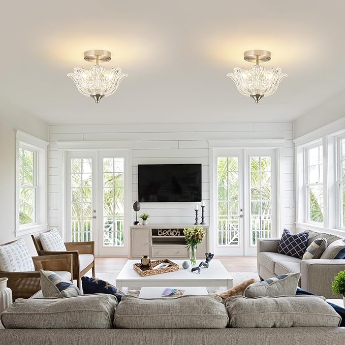 Semi Flush Mount Ceiling Light, Brushed Nickel Light fixtures with Floral Clear Glass Shade, Modern Close-to-Ceiling Lighting for Bedroom Kitchen Living Room Hallway