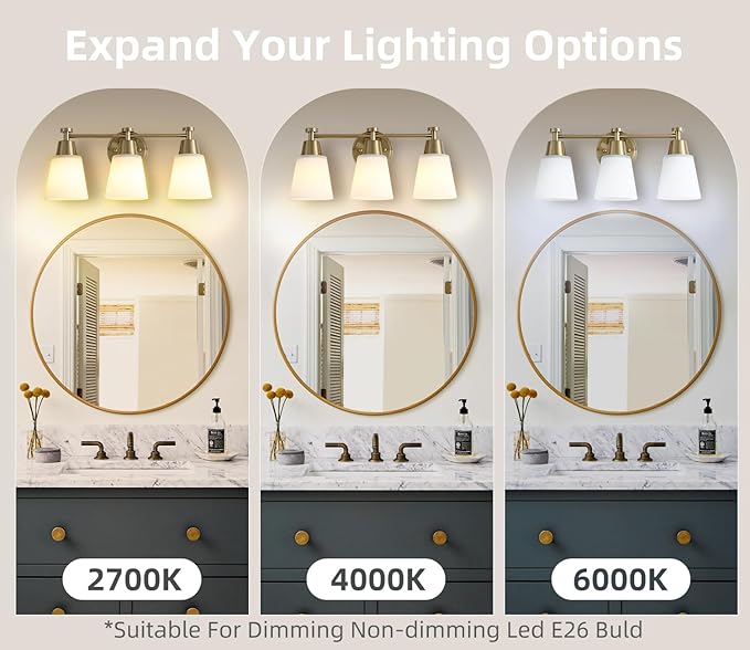 3-Light Bathroom Vanity Light, Gold Finish with Milk Glass Shades, Over Mirror, for Bathroom Vanity