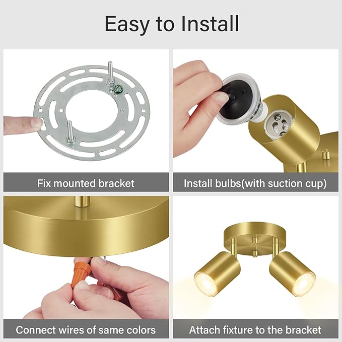 BoostArea LED 2 Light Track Lighting Kit, LED Track Lighting Fixtures, Gold Round Ceiling Spot Lighting, Flexibly Rotatable Light Head for Kitchen, Living Room, Bedroom, GU10 Bulb Not Included