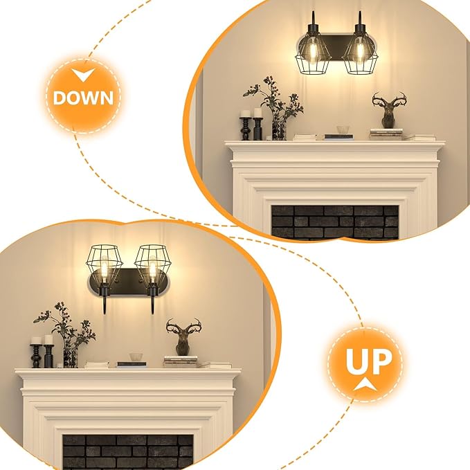 Bathroom Vanity Light Fixtures, 2-Light Bathroom Lighting Fixtures Over Mirror with Cage, E26 Base Black Farmhouse Wall Sconces for Bedroom Living Room, UL Listed