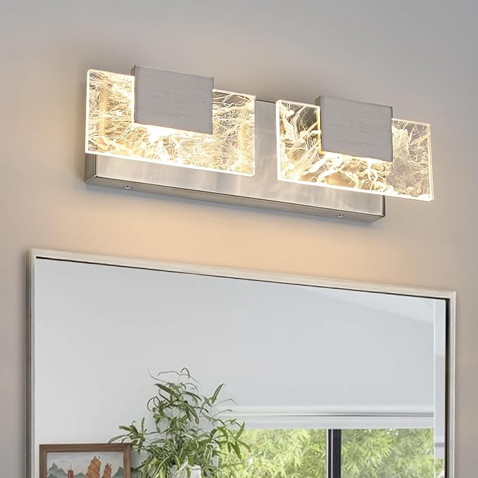 LED Bathroom Vanity Light: 16 Inch Brushed Nickel Acrylic Modern Lighting Fixtures - 2-Lights Contemporary Smoke Design Wall Lights Fixture Over Mirror 3000K
