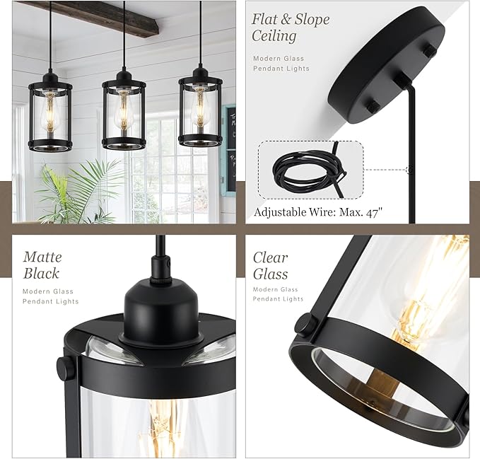 Black Pendant Lights Kitchen Island, 1-Light Modern Mini Hanging Light Fixtures with Clear Glass, Farmhouse Kitchen Pendant Lighting Over Island for Sink Dining Room, OS-3014-1PBK