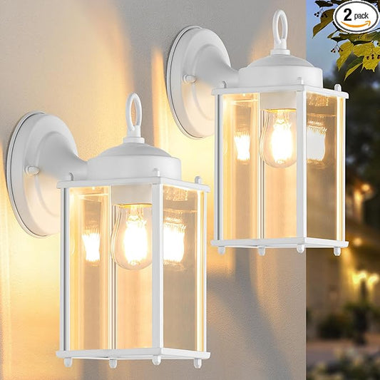 MATAMEYE Large Outdoor Wall Lantern, Exterior Waterproof Wall Sconce Light Fixtures, White Front Door Lighting with Clear Beveled Glass, Anti-Rust E26 Socket Porch Lamp, 2 Pack