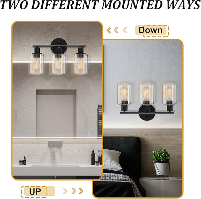 Pia Ricco Bathroom Vanity Light Fixtures, 3-Light Black Vanity Lights with Clear Glass Shades, Modern Wall Light Fixture Over Mirror, Bathroom Wall Sconces for Mirror Living Room Bedroom Hallway
