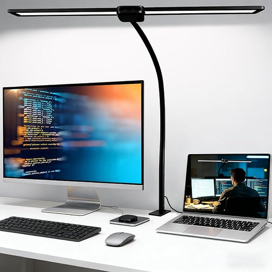 LED Desk Lamp for Home Office, Double Head Computer Monitor Light with Clamp, 5 Color Modes and 3 Brightness Levels, Long Flexible Goose-Neck, USB Eye-Caring Clip on Lights for Reading, Black