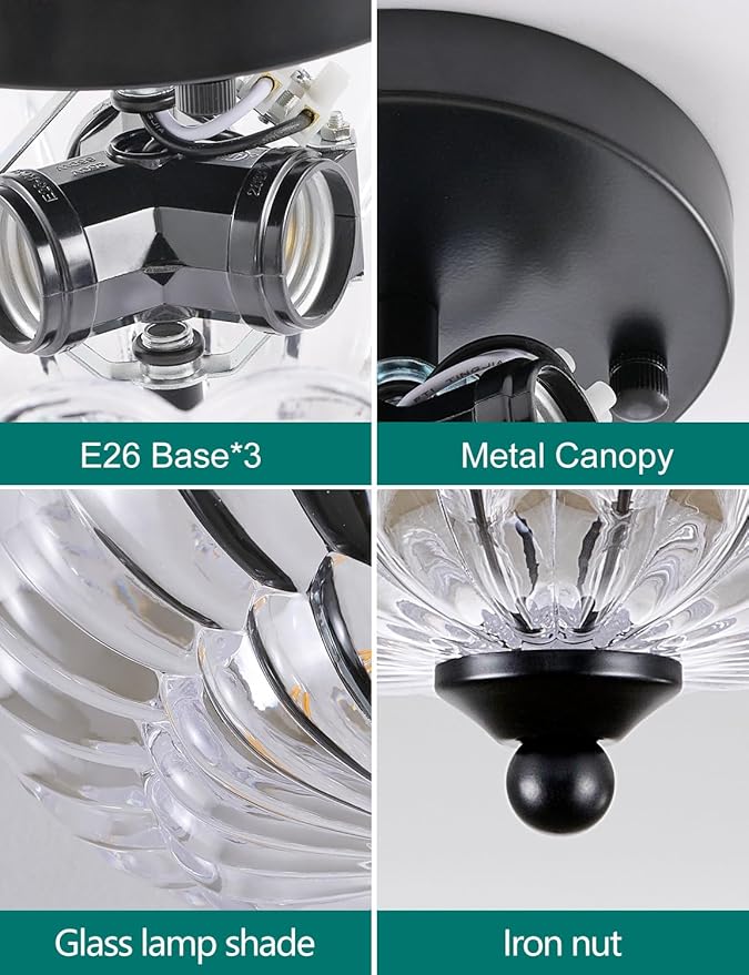 3-Light Semi Flush Mount Ceiling Light Fixture, Vintage Crystal Glass with Black Metal Frame, Modern Close-to-Ceiling Lighting for Bedroom Kitchen Living Room Hallway, E26 Base (Bulbs Not Included)