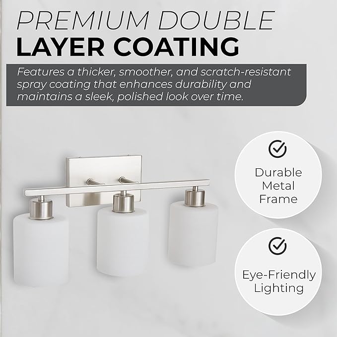 The Door Bull Modern Bathroom Vanity Light, Milky White Glass Shades, Wall Sconce for Bedroom & Living Room, E26 Socket, Over Mirror Lighting Fixture (Brushed Nickel, 3 Lights)