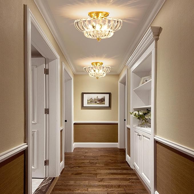Gold Semi Flush Mount Ceiling Light Fixture, Vintage Clear Glass Ceiling Lights, 3-Light Close to Ceiling Lights for Closet, Hallway, Kitchen, Dining Room