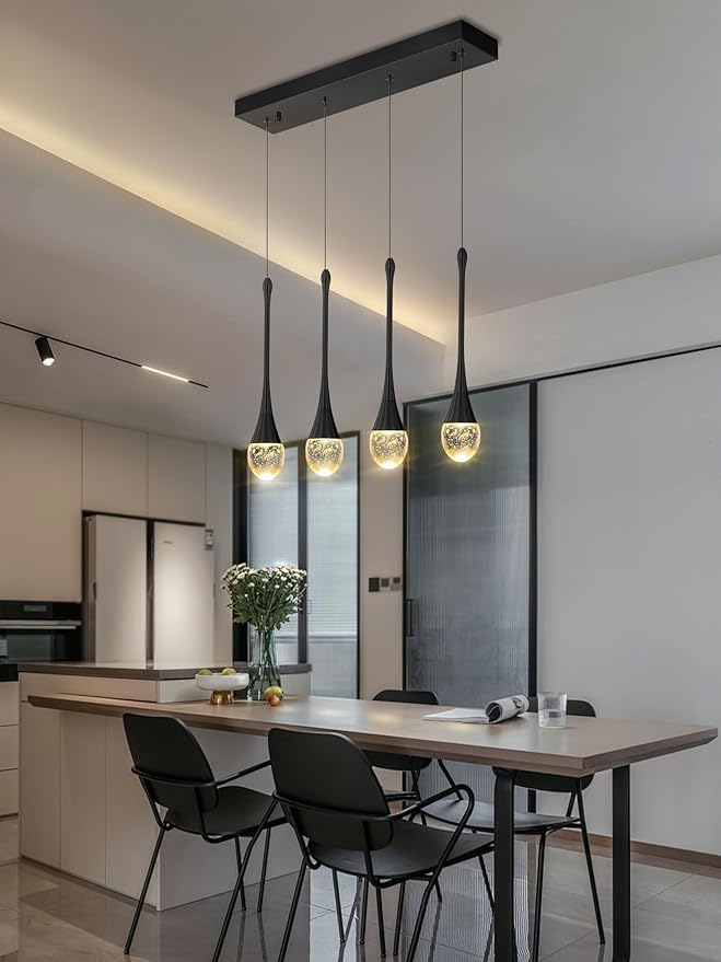 ykolupty Dining Room Light Fixture 4-Light Black Kitchen Island Lighting Industrial Linear Crystal Chandeliers for Dining Room Pendant Light Fixture for Living Room Hallway Bedroom