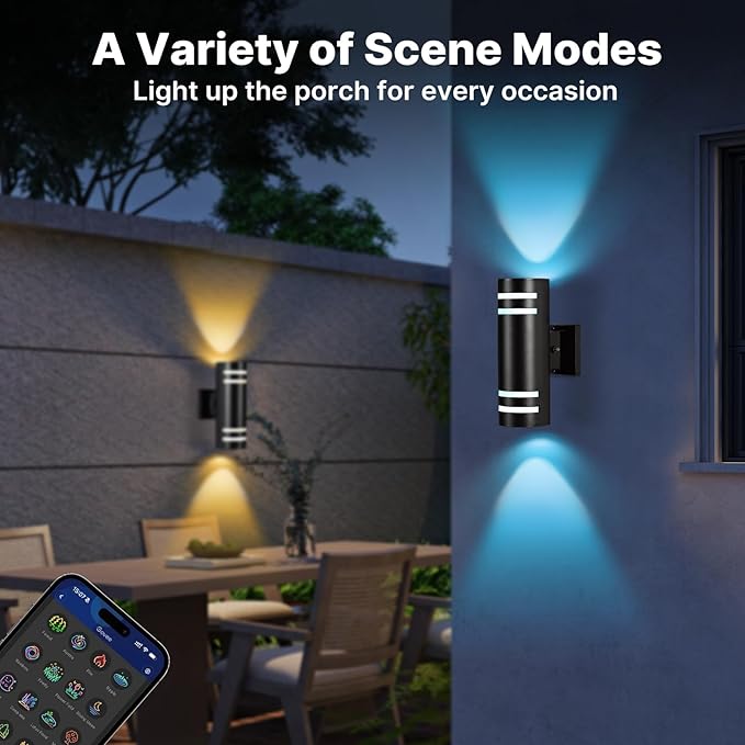 RGB Up and Down Lights Outdoor Wall Lights 2 Packs, Smart Color Changing Outdoor Wall Sconce WiFi Voice & App Control,Aluminum Waterproof Exterior Lights for Porch Compatible with Alexa