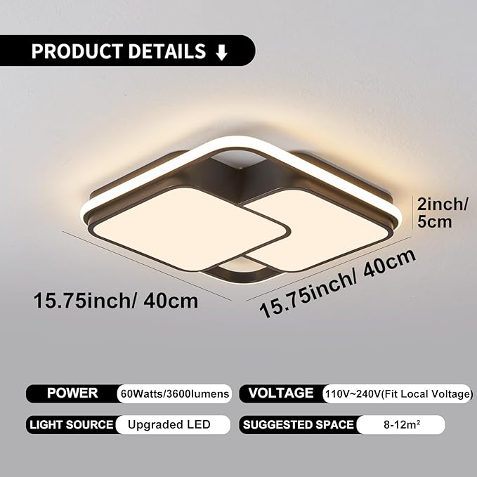 Modern LED Ceiling Light Fixture, 15.7in Dimmable Black Square Flush Mount Ceiling Lights with Remote, Bedroom Ceiling Lamp LED Chandelier for Living Room Kitchen Hallway Laundry, 60W