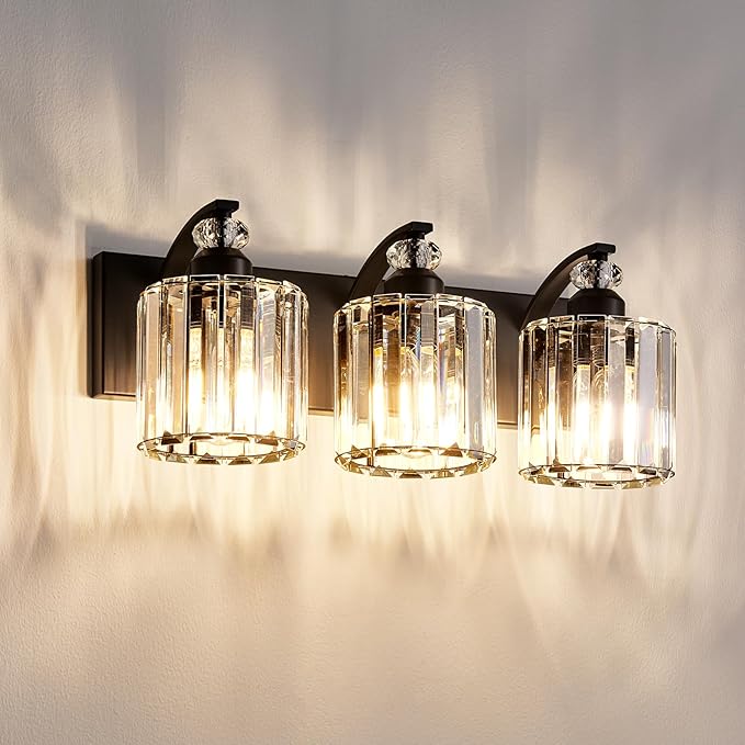 3-Light Black Bathroom Light Fixture Modern Vanity Lights Over Mirror Vintage Wall Sconce Lighting for Bathroom, Bedroom, Living Room, Hallway E26 Base with Crystal Bathroom Vanity Light