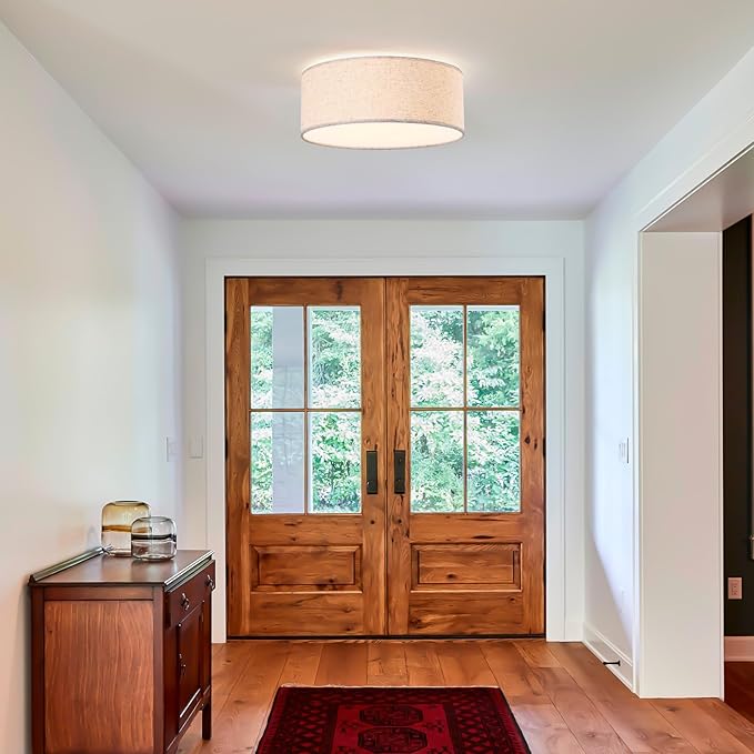 15.7-inch Modern Ceiling Light with Natural Linen Shade, Three-Light recessed Drum Fixture, UL-Certified for bedrooms, Kitchens, Living Rooms, hallways, and porches.