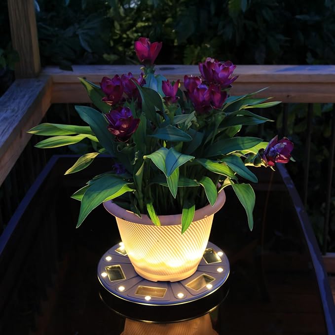 Gama Sonic 15" Illuminated Plant Stand for Outdoor, Solar Power, Grey Base for Exterior Potted Plants, Entryway, Pathway, Landscape Planter Lighting (78i50865)