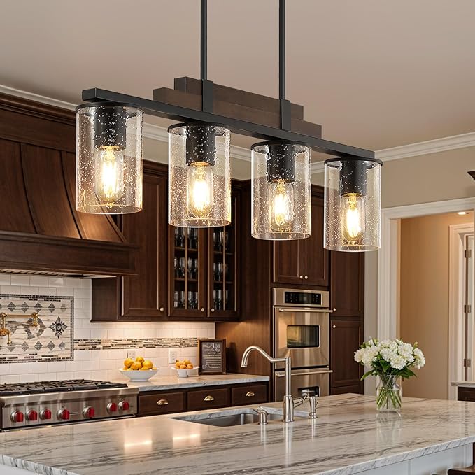 Farmhouse Wood Kitchen Island Lighting, 4-Light Adjustable Chandelier for Dining Room, Seeded Glass Shade Dining Room Light Fixture Over Table, Black Hanging Pendant Lights for Kitchen, Pool Table