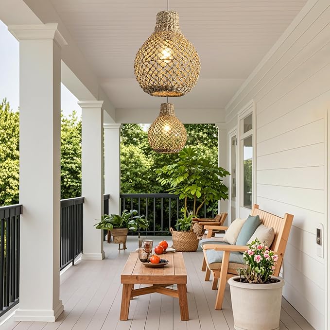 2-Pack Rattan Pendant Light,11.03" Boho Hand Woven Coastal Brown Wicker Hanging Lighting for Farmhouse Dining Room Kitchen Bedroom Hallway