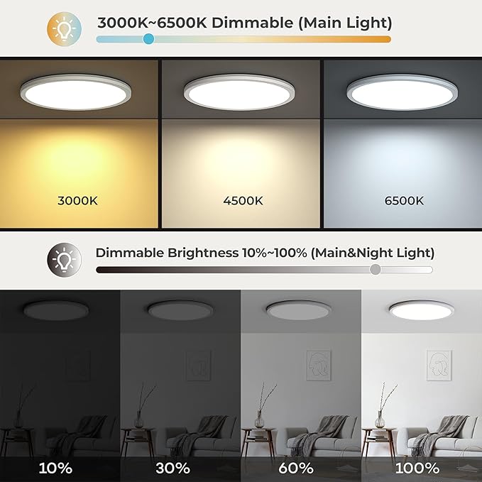 Matane 2Pack 12in LED Flush Mount Ceiling Light Fixture with Remote Control, Nightlight 2000K Warm, 3000K-6500K Adjustable, Low Profile Ceiling Lights for Bedroom, Kitchen, Living Room, White